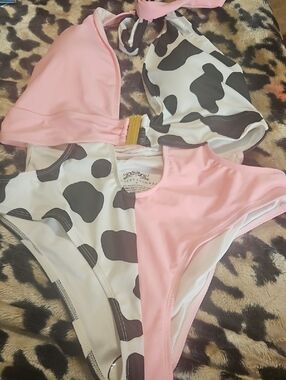 Women's Pink and Black Cow-Print Swim Bodysuit